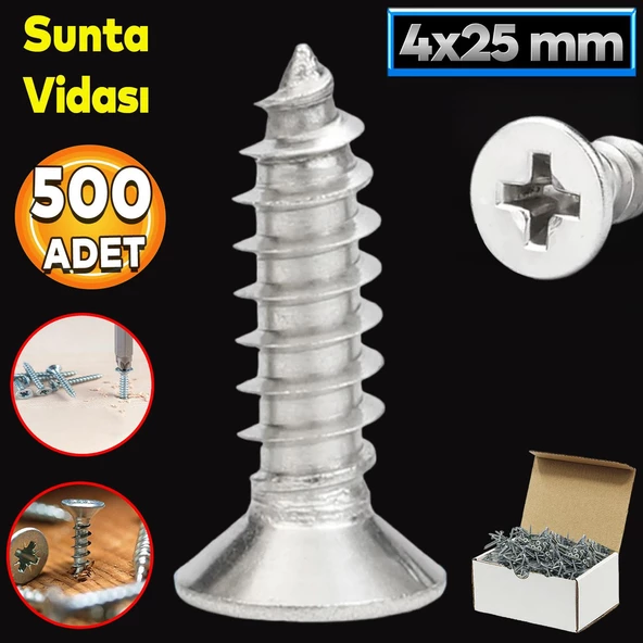 Sunta Vidası 4x25 Mm Paket 500 Adet Sivri Uçlu Ahşap Tahta Ağaç Mobilya Ayak Kulp Vidası