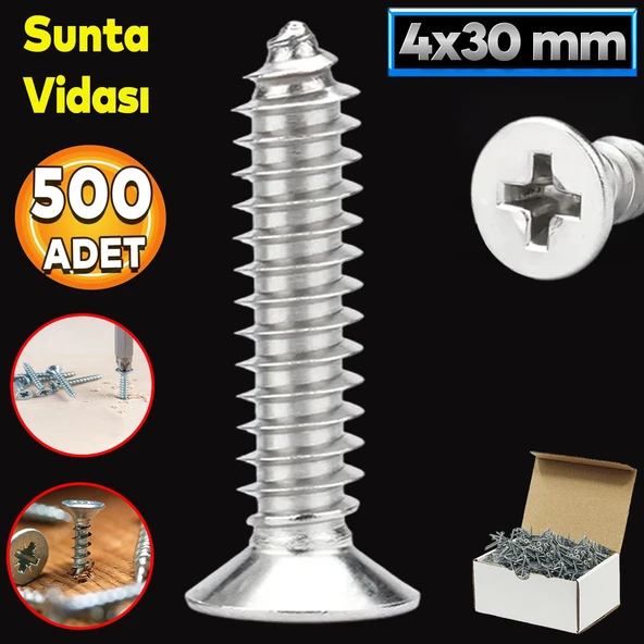 Sunta Vidası 4x30 Mm Paket 500 Adet Sivri Uçlu Ahşap Tahta Ağaç Mobilya Ayak Kulp Vidası