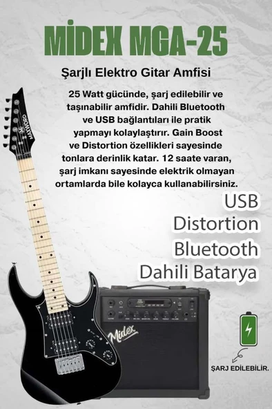 Maxword DE-150BK-25AMP Maple Klavye HH Yüksek Kaliteli 25W Amfili Elektro Gitar Seti - Resim 2