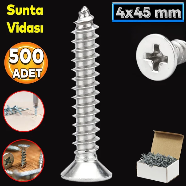 Sunta Vidası 4x45 Mm Paket 500 Adet Sivri Uçlu Ahşap Tahta Ağaç Mobilya Ayak Kulp Vidası