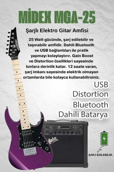 Maxword DE-150PU-25AMP Maple Klavye HH Yüksek Kaliteli 25W Amfili Elektro Gitar Seti - Resim 2