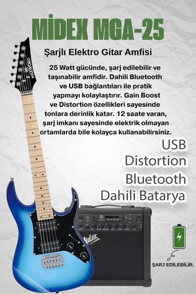 Maxword DE-150BL-25AMP Maple Klavye HH Yüksek Kaliteli 25W Amfili Elektro Gitar Seti - Resim 2