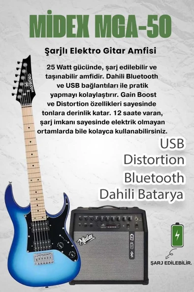 Maxword DE-150BL-50AMP Maple Klavye HH Yüksek Kaliteli 50W Amfili Elektro Gitar Seti - Resim 2