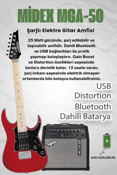 Maxword DE-150RD-50AMP Maple Klavye HH Yüksek Kaliteli 50W Amfili Elektro Gitar Seti - Resim 2