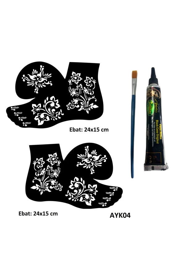 Gür Çiçekler 2 Adet Ayak Kalıbı ve Siyah Hint Kınası Geçici Dövme Yapma Seti ürün görseli 1