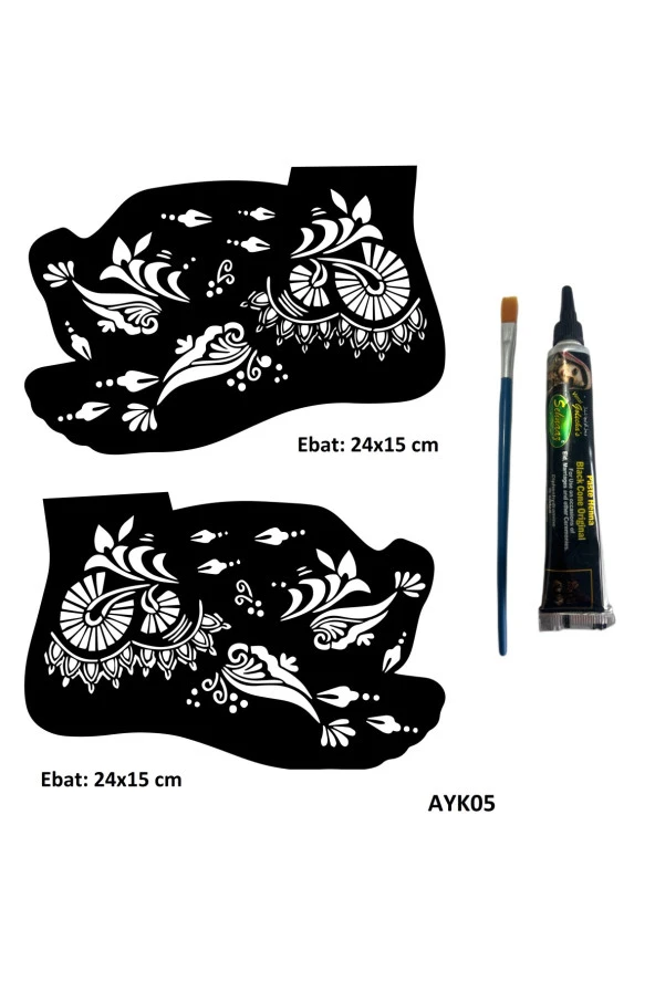 Sümbül Desenleri 2 Adet Ayak Kalıbı ve Siyah Hint Kınası Geçici Dövme Yapma Seti