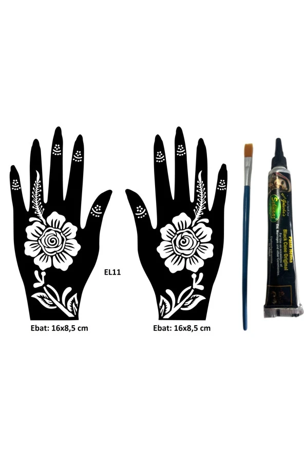 Karanfil Desenler El Üstü Dövme Seti 2 Adet Kına Kalıbı Siyah Kına ve Fırça Hediyeli