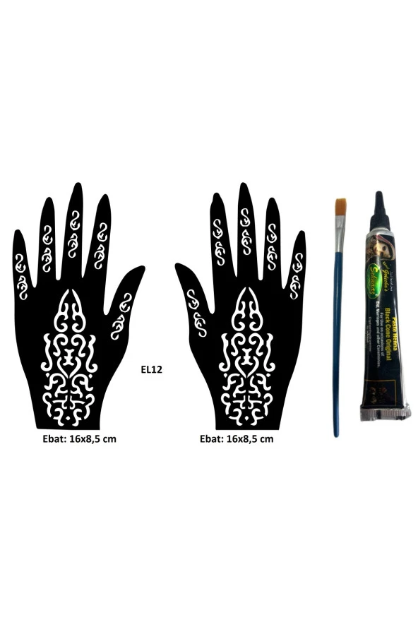 Tribal Dallar El Üstü Dövme Seti 2 Adet Kına Kalıbı Siyah Kına ve Fırça Hediyeli ürün görseli 1