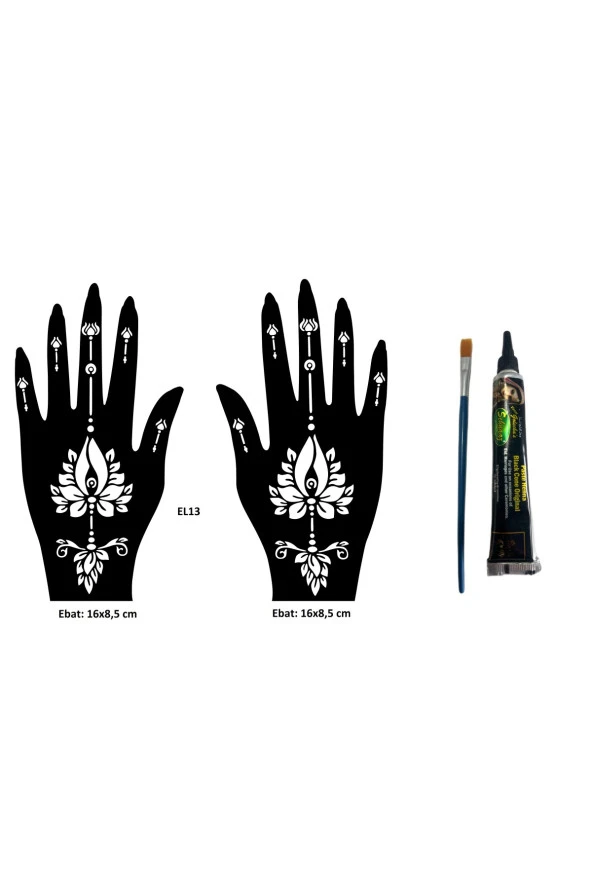 Lotus Desenler El Üstü Dövme Seti 2 Adet Kına Kalıbı Siyah Kına ve Fırça Hediyeli