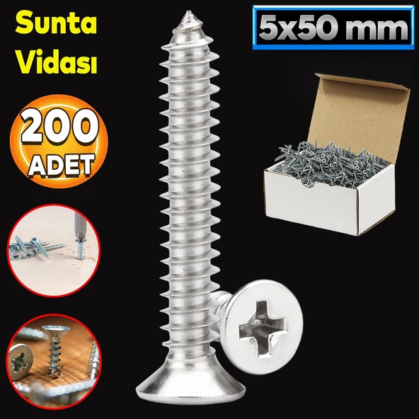 Sunta Vidası 5x50 Mm Paket 200 Adet Sivri Uçlu Ahşap Tahta Ağaç Mobilya Ayak Kulp Vidası