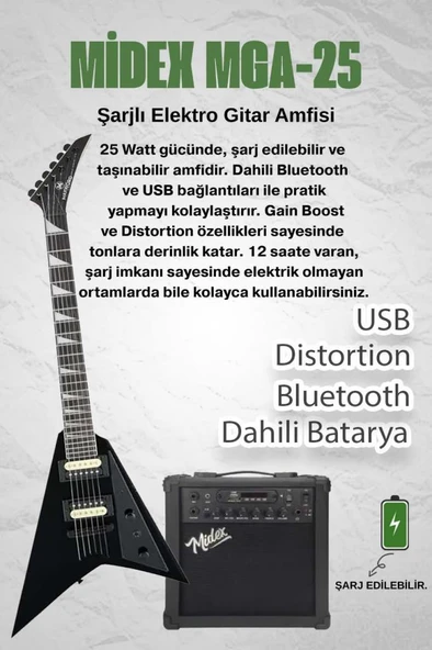 Maxword DG-28BK-25AMP V Kasa Gül Klavye 2x Zebra Humbucker Manyetik 25W Amfili Elektro Gitar - Resim 2