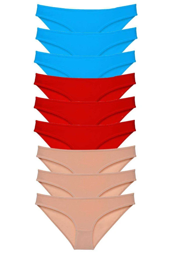 9 adet Süper Eko Set Likralı Kadın Slip Külot Kırmızı Ten Mavi ürün görseli