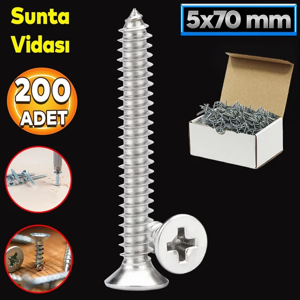 Sunta Vidası 5x70 Mm Paket 200 Adet Sivri Uçlu Ahşap Tahta Ağaç Mobilya Ayak Kulp Vidası