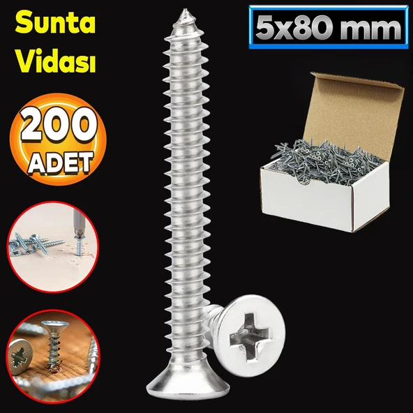 Sunta Vidası 5x80 Mm Paket 200 Adet Sivri Uçlu Ahşap Tahta Ağaç Mobilya Ayak Kulp Vidası