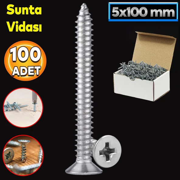 Sunta Vidası 5x100 Mm Paket 100 Adet Sivri Uçlu Ahşap Tahta Ağaç Mobilya Ayak Kulp Vidası