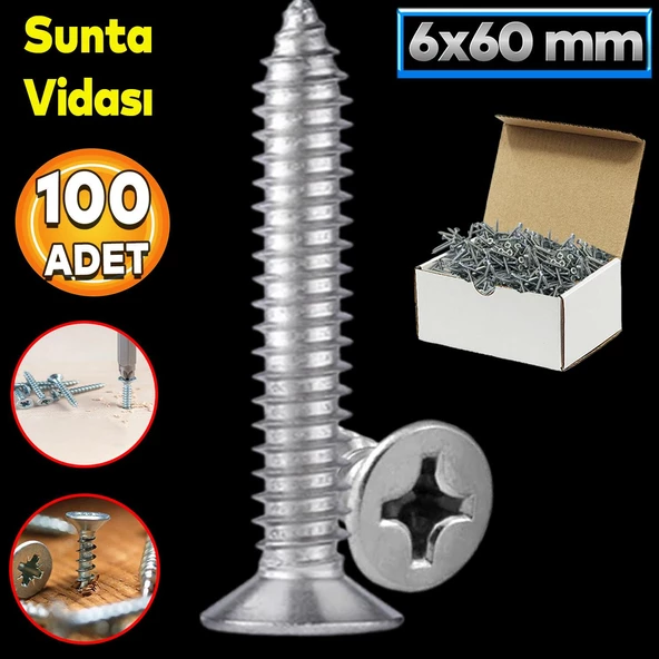 Sunta Vidası 6x60 Mm Paket 200 Adet Sivri Uçlu Ahşap Tahta Ağaç Mobilya Ayak Kulp Vidası