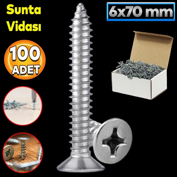 Sunta Vidası 6x70 Mm Paket 100 Adet Sivri Uçlu Ahşap Tahta Ağaç Mobilya Ayak Kulp Vidası