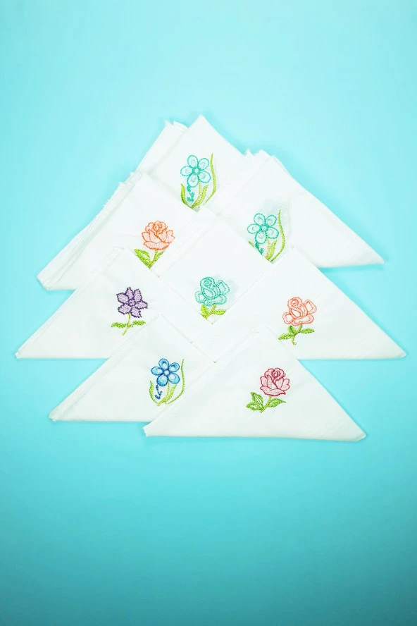 12 Adet Çiçek İşlemeli Kadın Cep Mendili Kutulu Kına Düğün Çeyizlik Mendil 30x30 cm - 2