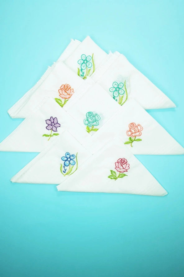 12 Adet Çiçek İşlemeli Kadın Cep Mendili Kutulu Kına Düğün Çeyizlik Mendil 30x30 cm - 4