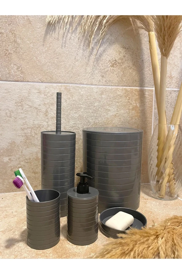 Banyo Seti 5'li Gri Çöp Kovası Wc Fırçalık Sıvı Sabunluk Katı Sabunluk - 2