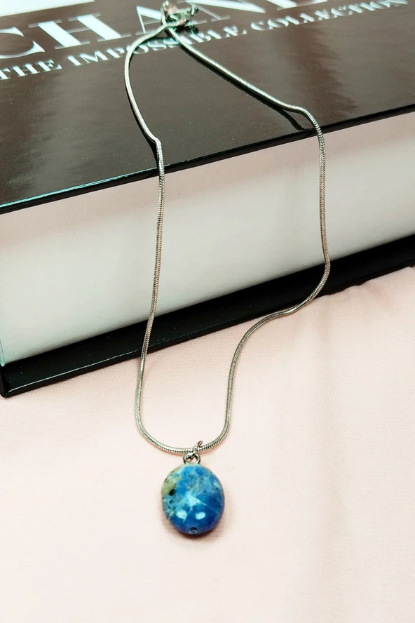 Sodalit Doğal Taşı Zincirli El Yapımı Kolye Uç: 1,5 cm Zincir: 20 cm Kutulu - Resim 2