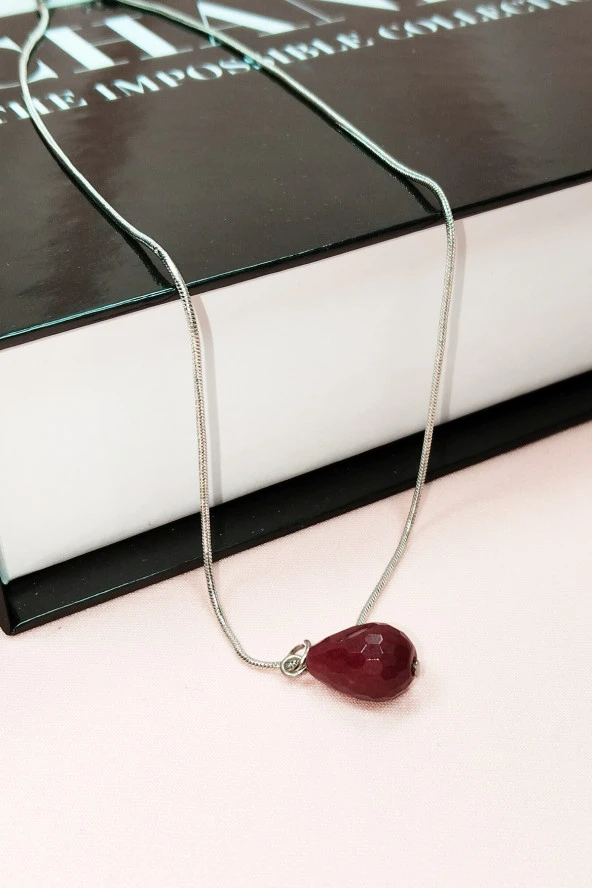 Yakut Doğal Taşı Zincirli El Yapımı Kolye Uç: 1,5 cm Zincir: 20 cm Kutulu - 4