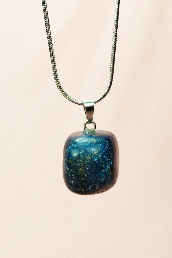 Lapis Lazuri Doğal Taşı Zincirli El Yapımı Kolye Uç: 2 cm Zincir: 20 cm Kutulu - Resim 5