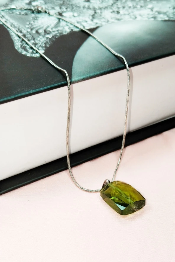 Moldavit Doğal Taşı Zincirli El Yapımı Kolye Uç: 2 cm Zincir: 20 cm Kutulu - 6