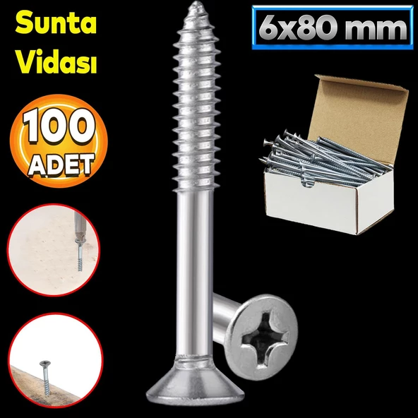 Sunta Vidası 6x80 Mm Paket 100 Adet Sivri Uçlu Ahşap Tahta Ağaç Mobilya Ayak Kulp Vidası