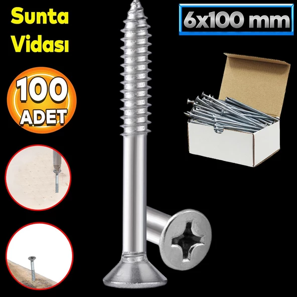 Sunta Vidası 6x100 Mm Paket 100 Adet Sivri Uçlu Ahşap Tahta Ağaç Mobilya Ayak Kulp Vidası