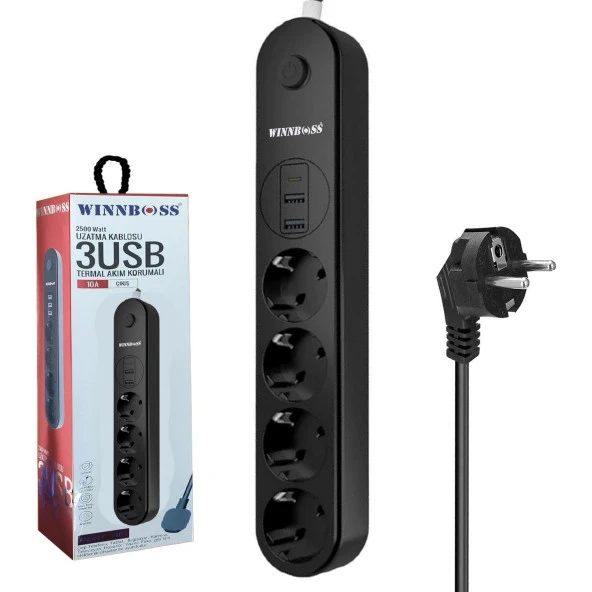 2 USB + 1 Type-C Girişli Uzatma Kablosu | 4 Priz | 2 Metre | Termal Korumalı