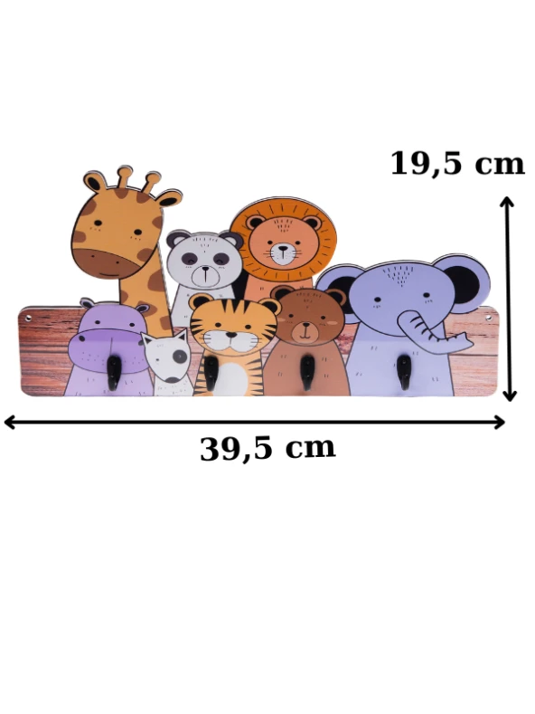 Çocuk Odası Duvar Askılığı 4 Askılı Montessori Doğal Ahşap-Pleksi Uv Baskılı Askı Safari - 3