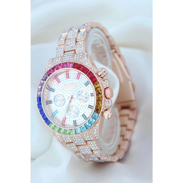 Clariss Trend Rose Metal Kordonlu Zirkon Taş Kaplama Renkli Taşlı Kasa Tasarımlı Lüx Kadın Kol Saati - 4