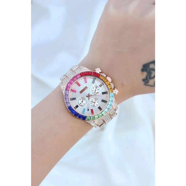 Clariss Trend Rose Metal Kordonlu Zirkon Taş Kaplama Renkli Taşlı Kasa Tasarımlı Lüx Kadın Kol Saati - 3