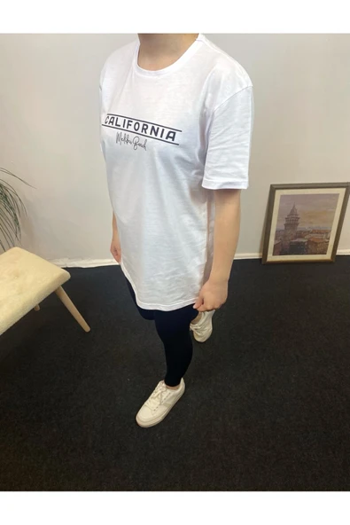 Kadın Bisiklet Yaka Oversize Fit Californıa Baskılı Tişort SPR24tsk304 - 4