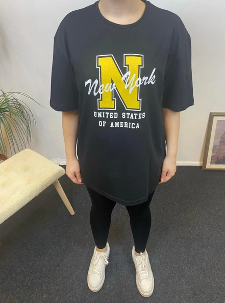 Kadın Bisiklet Yaka Oversize Fit N Baskılı Tişort SPR24TSK113 - 5