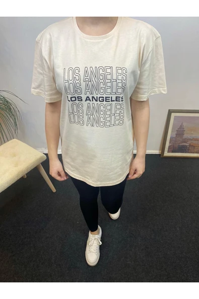 Kadın Bisiklet Yaka Oversize Fit Baskılı Tişort SPR24tsk305 - 6