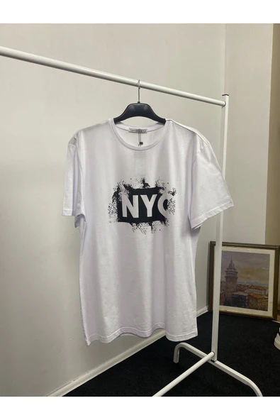 Kadın Bisiklet Yaka Oversize Fit NYC Baskılı Tişort SPR24TSk114 - 6