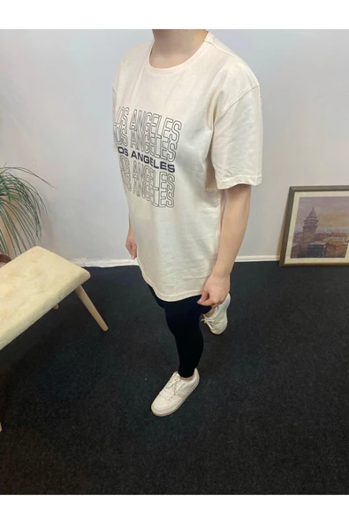 Kadın Bisiklet Yaka Oversize Fit Baskılı Tişort SPR24tsk305 - 7