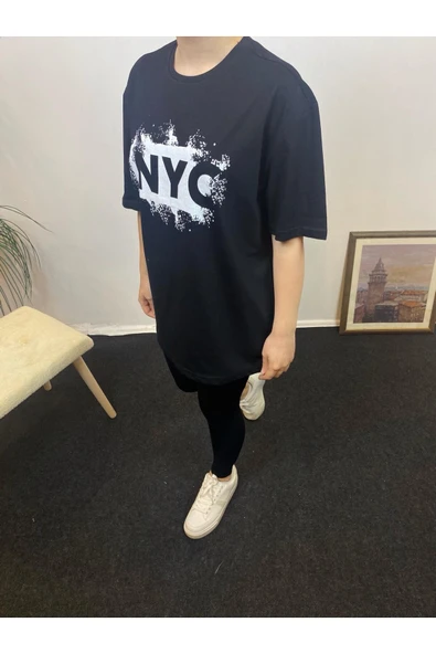 Kadın Bisiklet Yaka Oversize Fit NYC Baskılı Tişort SPR24TSk114 - 2