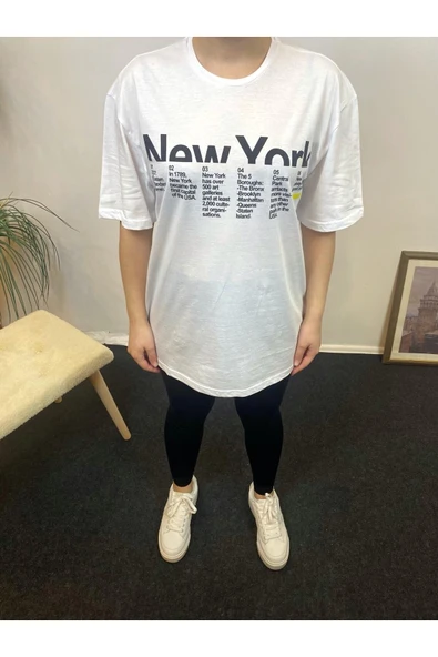 Kadın Bisiklet Yaka Oversize Kalıp New York Baskılı Tişort SPR24TSk112 - 6