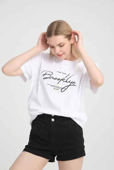 Kadın Bisiklet Yaka Oversize Fit Tişort SPR24TSk110 - 4