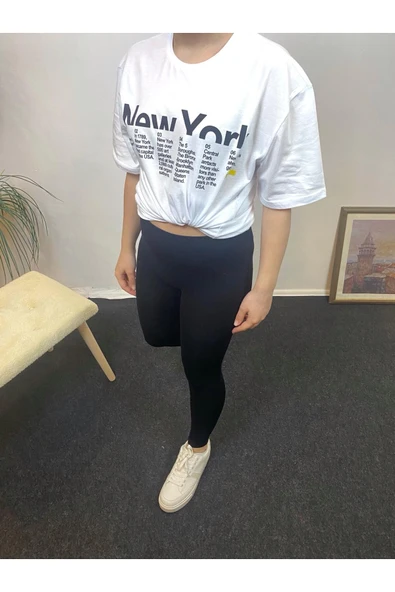 Kadın Bisiklet Yaka Oversize Kalıp New York Baskılı Tişort SPR24TSk112 - 7