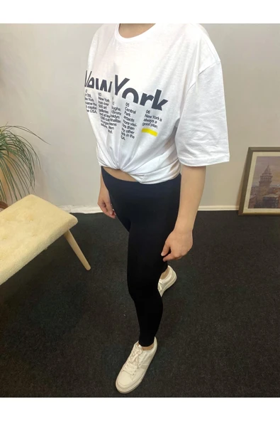 Kadın Bisiklet Yaka Oversize Kalıp New York Baskılı Tişort SPR24TSk112 - 5