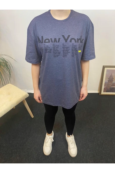 Kadın Bisiklet Yaka Oversize Kalıp New York Baskılı Tişort SPR24TSk112 - 9