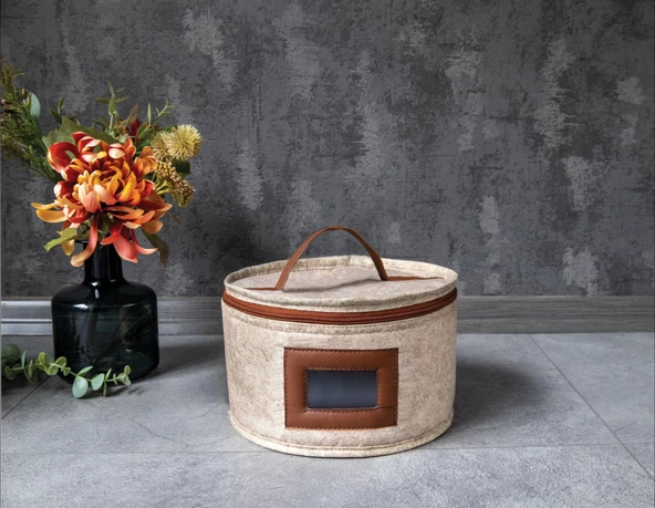 Deri Şeritli Pencereli Yuvarlak Çok Amaçlı Düzenleyici Organizer Kutu Keçe Çanta (mini) - 2