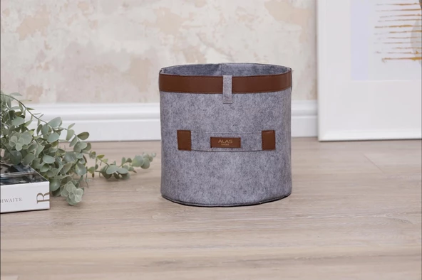 Deri Şeritli Yuvarlak Çok Amaçlı Düzenleyici Organizer Kutu Keçe Sepet (mini) 03822 - 5