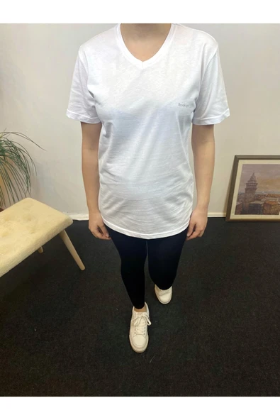 Kadın V Yaka Brooklyn Baskılı Kısa Kollu Tişort SPR24tsk265 - 4