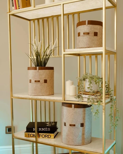 Deri Şeritli Yuvarlak Çok Amaçlı Düzenleyici Organizer Kutu Keçe Sepet (3'lü Set) - 2