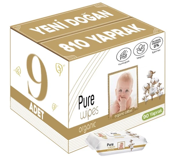 Pure Baby Islak Havlu Mendil 90 Yaprak Yenidoğan Organic Pamuklu (9 Lu Set) 810 Yaprak Plstk Kapak - 1